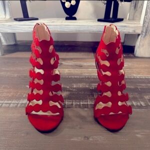 NEW Kelly & Katie Zilama Deep Red Suede High Heel Caged Gladiator Pumps